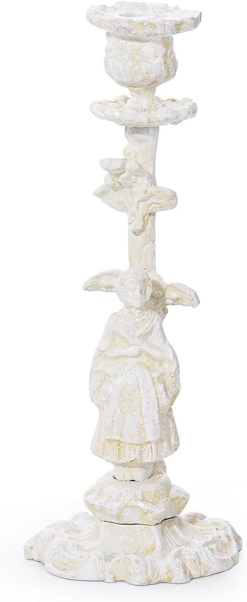 Kaarsenstandaard Vrouwenfiguur - IJzeren Kandelaar - Sfeervolle Decoratie - Antiek Design - 26 cm Hoog - Antiek Wit