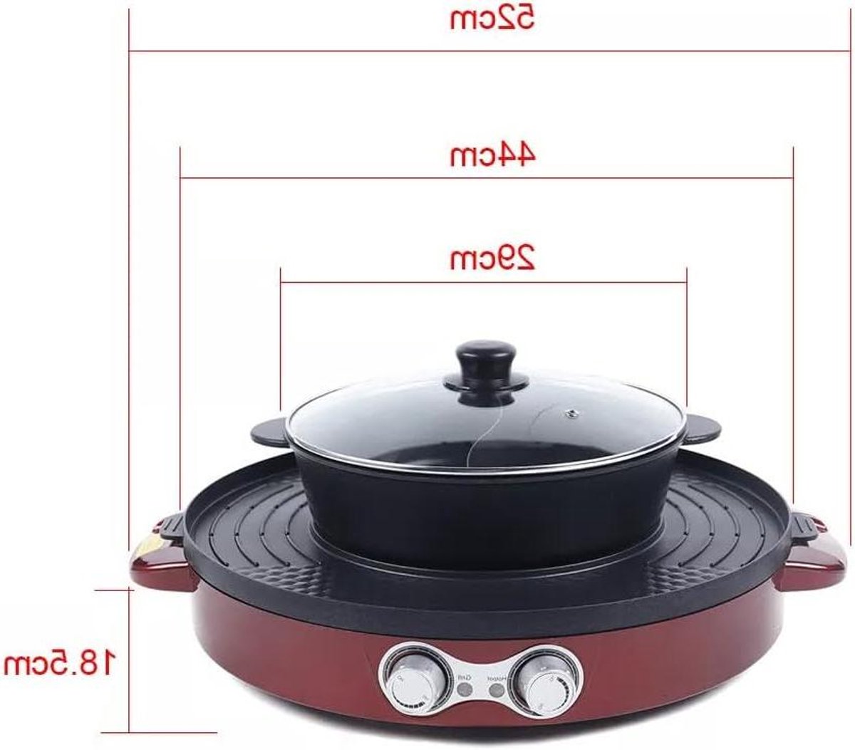 Elektrische Grillpan - Hot Pot Raclette - Samen Eten - 2-in-1 Design - 52 x 18.5 cm - Rood