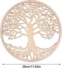 Houten kunstwerk van een levensboom, 28cm breed, met takken en wortels.