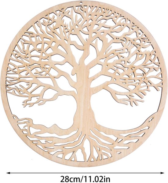 Houten kunstwerk van een levensboom, 28cm breed, met takken en wortels.