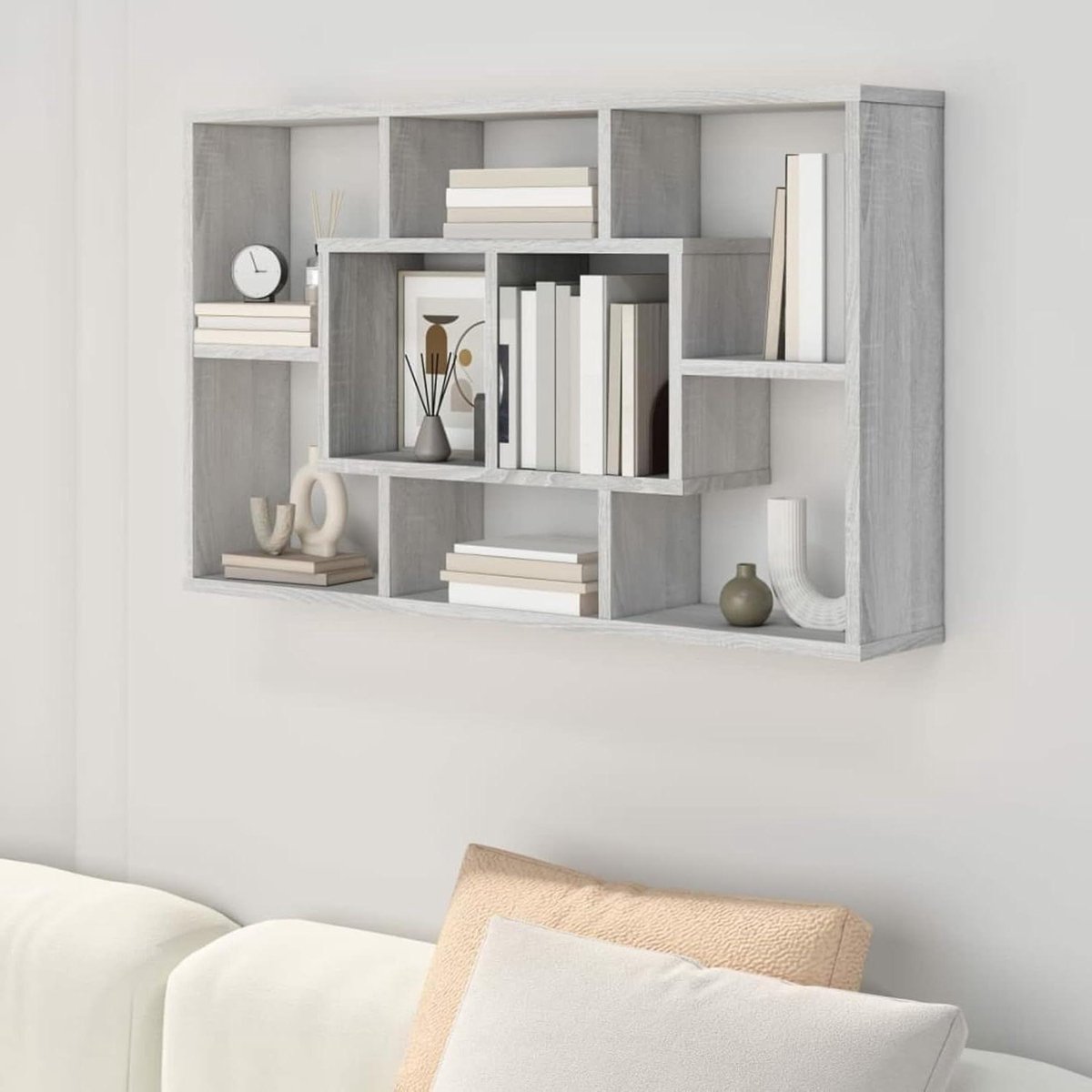 Wandrek - Zwevende plank - Opbergen en decoreren - Acht vakken - 85 cm breed - Grijs