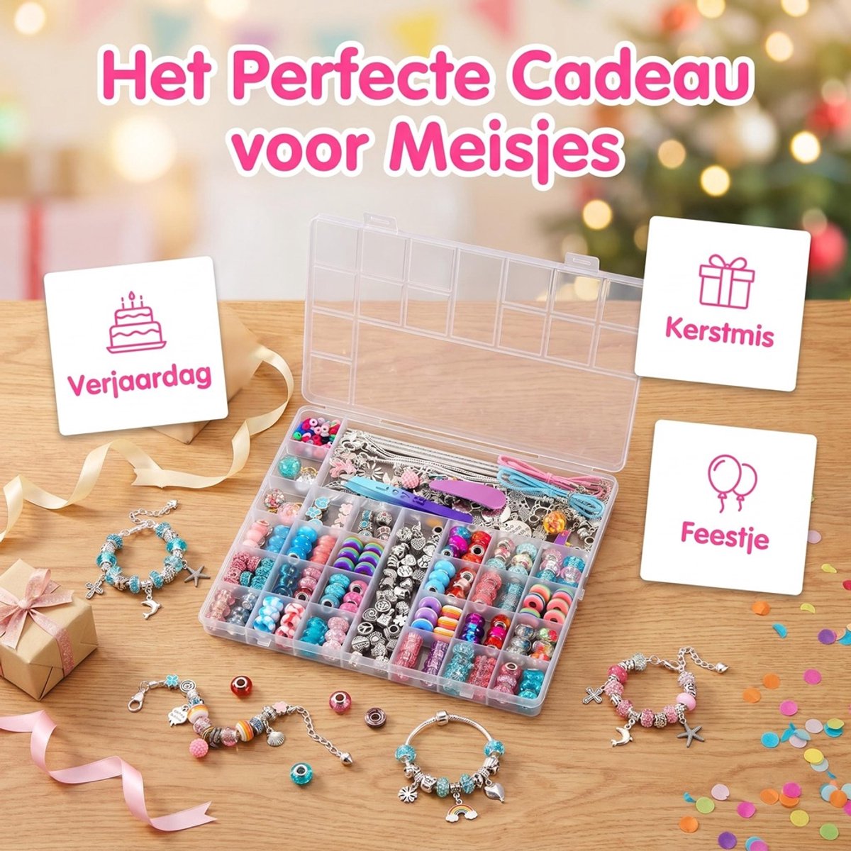 Sieradenset Meisje met sieradendoosje(230+PCS） -DIY sieradendoos -Kettingen armbanden zelf maken - sieraden DIY knutselset voor kinderen - bedelarmbandkit doe-het-zelf kindersieraden, knutselen, kinderspeelgoed(5-10 jaar)-Roze — cadeau in Spellen & Speelgoed - foto 4