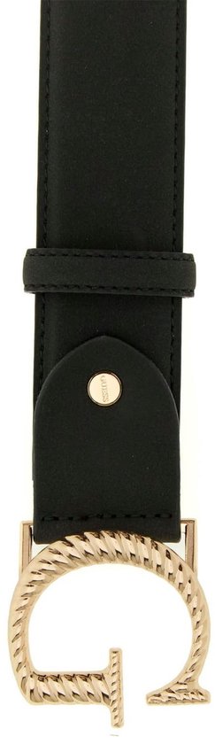 Zwarte GUESS riem, detail van de gesp met gouden G-logo.