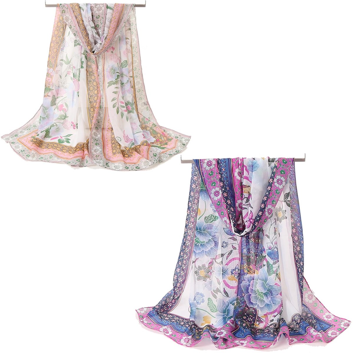Dailygoods- Damessjaal Elegant - 2 Stuks - Lente Stola - Chiffon - Bloemenpatroon - 50 x 160 cm - Lichtgewicht en Ademend - Sjaal