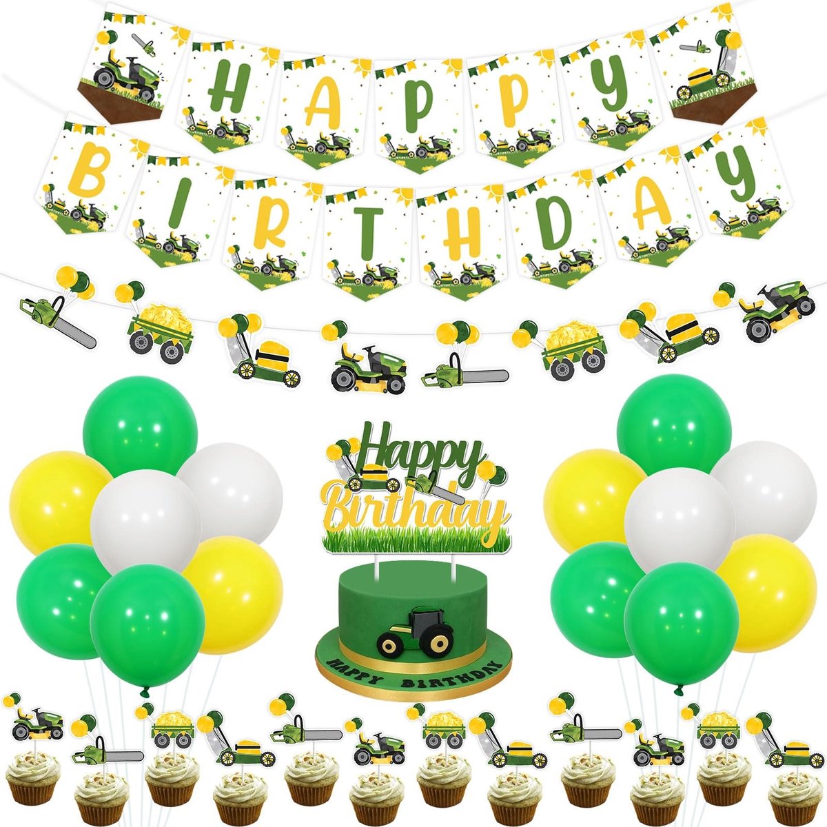 Dailygoods- Grasmaaier Feestdecoratie Set - 15 Stuks Banner - 8 Stuks Slinger - 12 Stuks Cupcake Toppers - 6 Latex Ballonnen - Kleurrijk Ontwerp