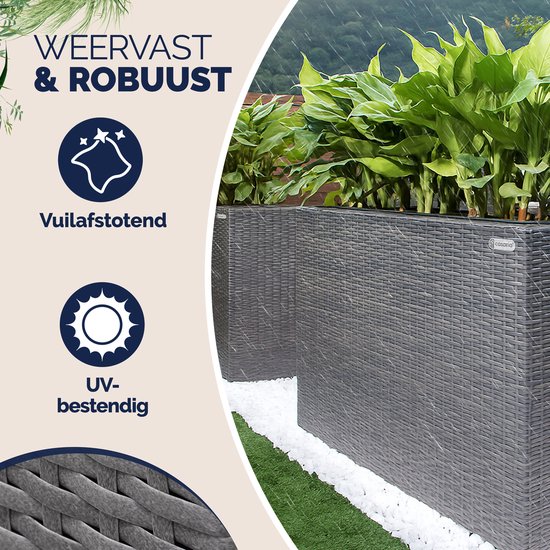 Grijze polyrattan plantenbak van casaria, weerbestendig en robuust, vuilafstotend en UV-bestendig.
