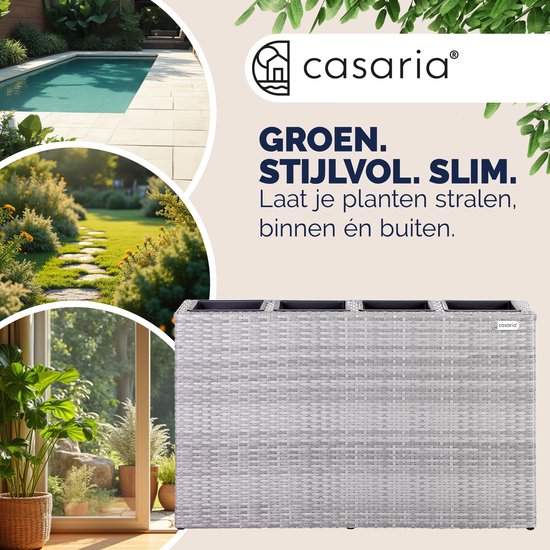 Grijze polyrattan plantenbak van casaria, 95x27x60cm, voor binnen en buiten.