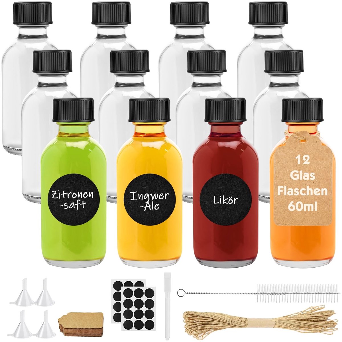 Dailygoods- Shotflessen 12 Stuks 60ml - Glazen Mini-flessen met Deksel - Antislip Hanger - Trechter voor Drankjes - Inclusief Pen en Stickers - Effectieve Afdichting tegen Lekkage