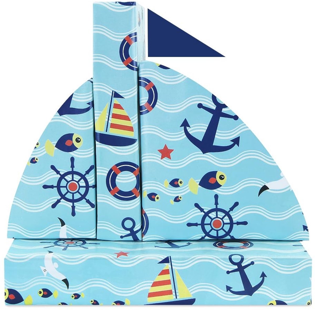 Dailygoods- Inpakpapier Nautisch Thema - Cadeaupapier Jongens - Lichtblauw - 4 Vellen met Lint - Zeilboot/Anker/Levensboei - Hoogwaardige Kunstpapier