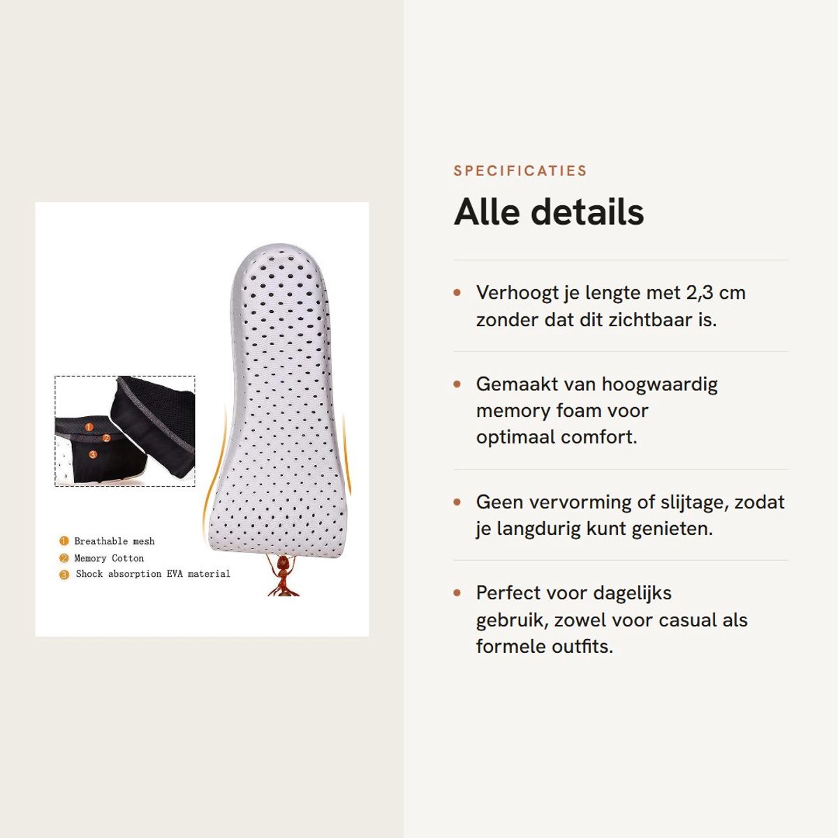 Dailygoods- Inlegzolen Geheugen Schuim 2,3 cm Hoogte - Inlegzolen Heren - Inlegzolen Dames - Inlegzolen Sport - Inlegzolen Platvoeten - Ademend en Comfortabel - Verhogingszolen