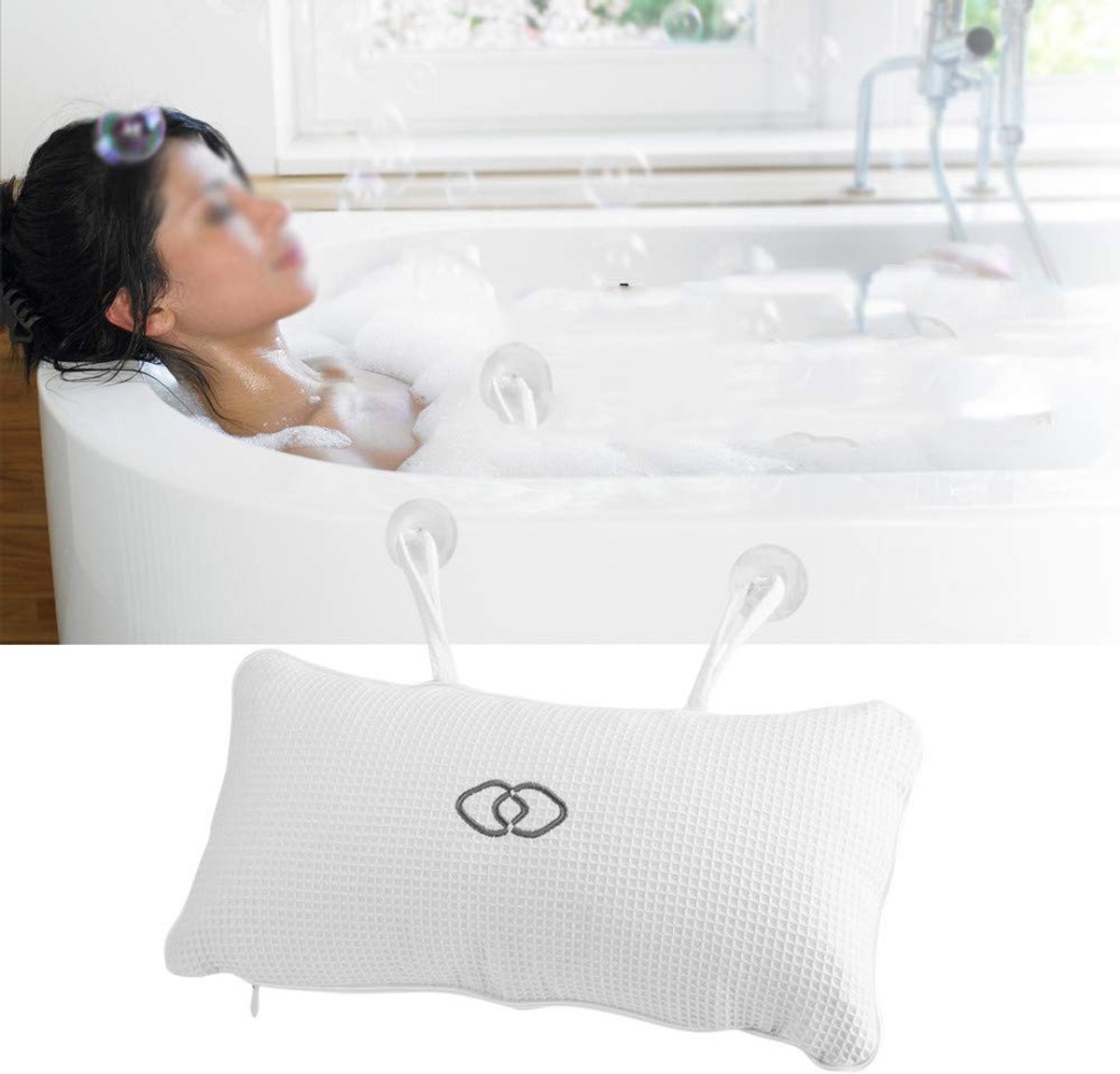Dailygoods- Badkussen Waterdicht - Antislip met Zuignap - Hoofdsteun - Wafelweefsel - 35 x 20 cm - Zacht en Comfortabel