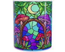 Koffiemok - Magische Paddestoelen (Fungi) in Glas-in-Lood Stijl - Kleurrijk Gebrandschilderd Bos - Sprookjes Mozaïek Ontwerp - Kleurrijke Mok voor Thee en Koffie