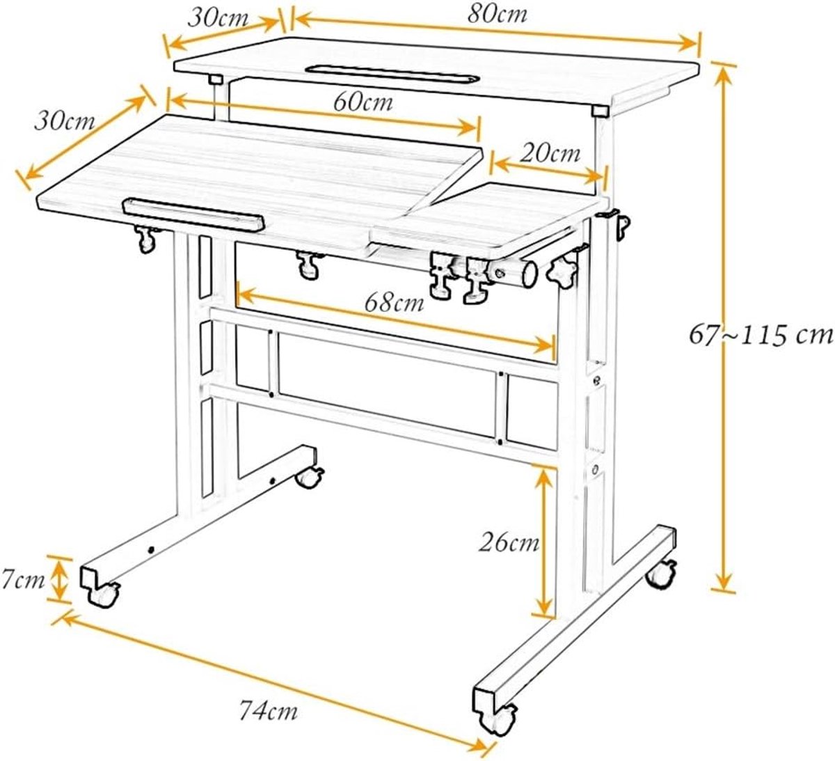 sogesfurniture Height Adjustable Computer Desk with Wheels, Mobile Laptop Desk for Home and Office, Maple