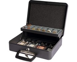 ARREGUI Cashier Clip C9244H-EUR Cash Box with Coin Counting Board | Steel Money Box with Euro Counting Board for Coins and 4 Banknote Compartment with Clip | 30cm Wide | Money Safe with Handle | Cash Register |Black