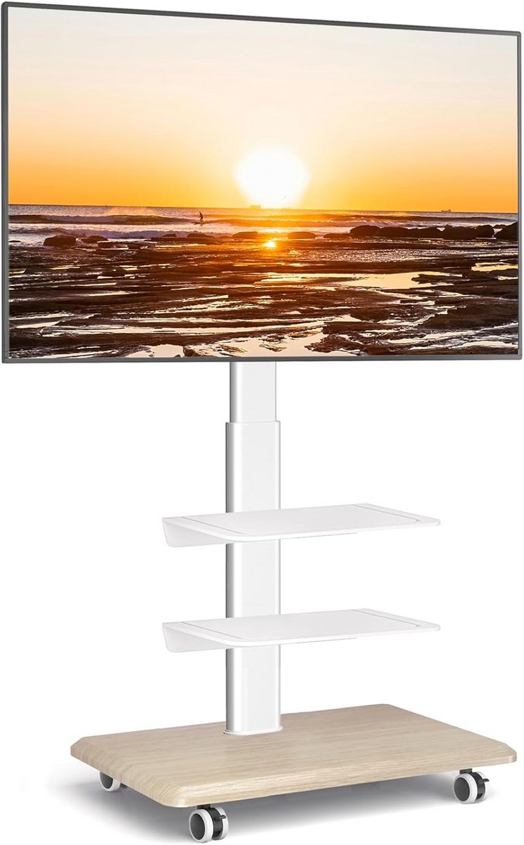 Rfiver Mobile TV cabinet on wheels TV floor stand rollable with 3 shelves for 26-65 inch TVs, height-adjustable swivel TV cabinet TV trolley with wooden base up to 35 kg VESA 400x400 mm Max