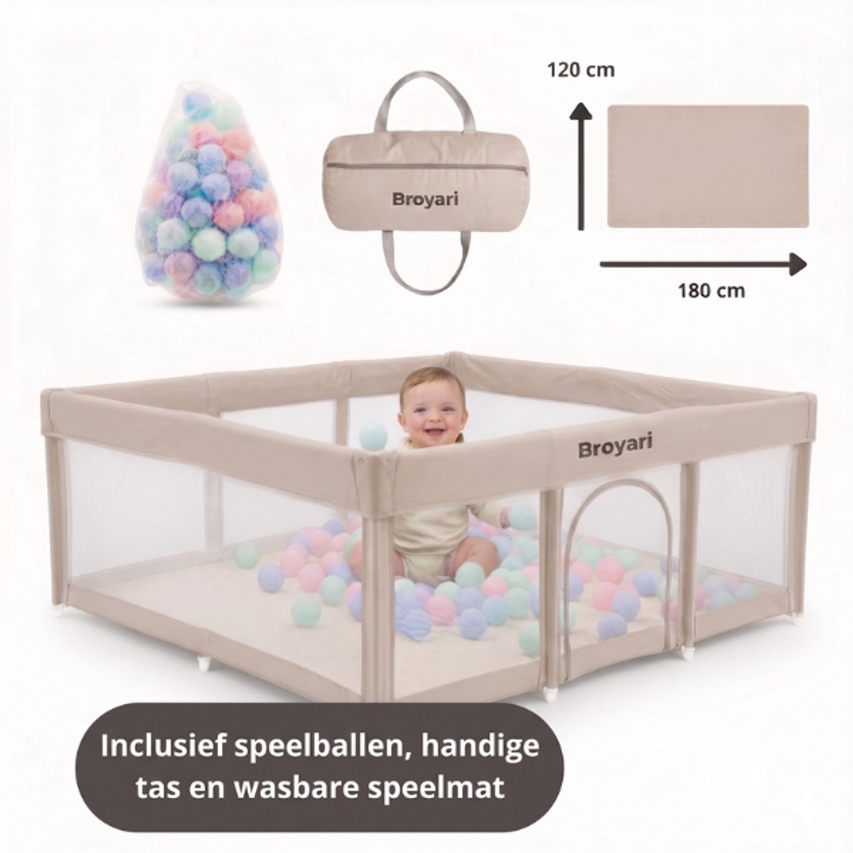 Broyari® Grondbox Baby 120x180 cm – Binnen 2 Seconden Inklapbaar – Inclusief Speelmat & 50 Speelballen – Opvouwbare Baby Speelbox – Kinderbox – Playpen – Beige thumbnail 4