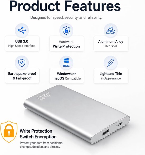Externe Harde Schijf - Draagbare Opslag - Data Beschermen - Schrijfbeveiliging Switch - 2 TB - Zilver — afbeelding 3