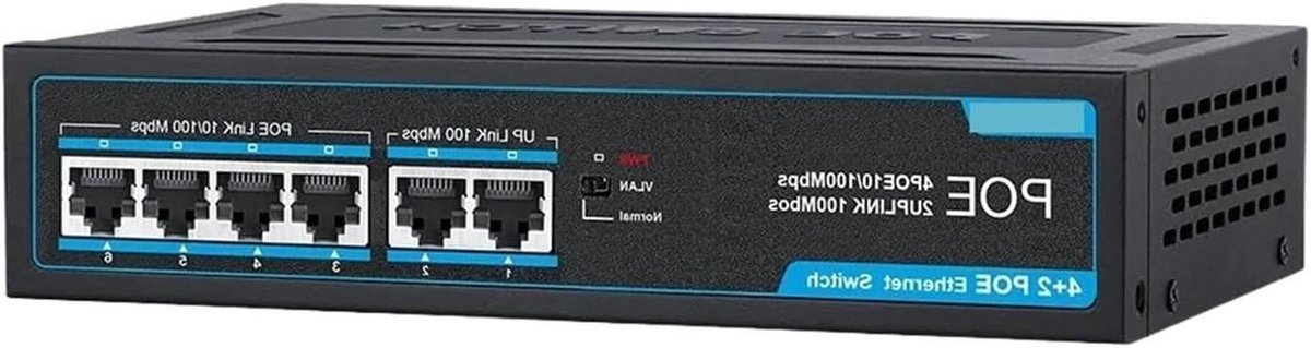 Netwerk Switch - POE Switch - Camera Netwerk - 4 POE Poorten - 250M Bereik - Zwart