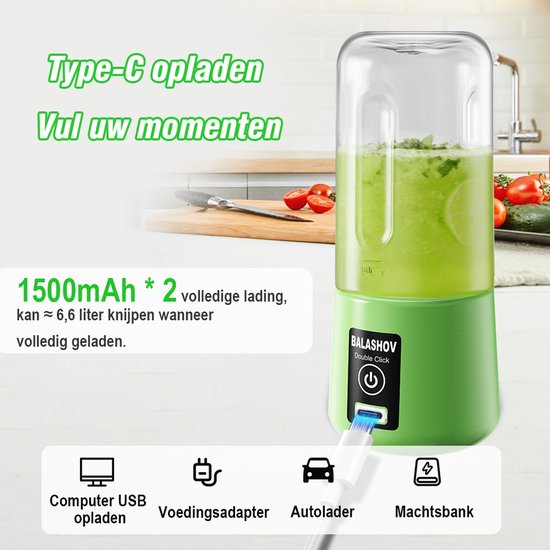 EAFC Portable Blender - Blender To Go - Draagbare Blender - Oplaadbare Blender - 450 ml To Go Beker - groen van eafc — afbeelding 2