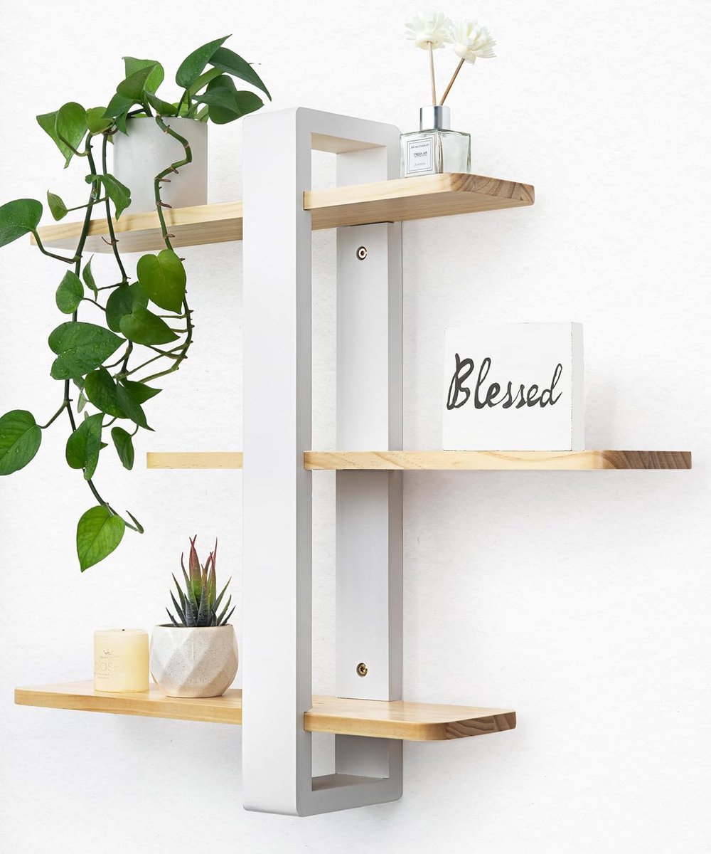 HOMESY zwevende planken houten wit voor wandgemonteerde rekken unit alle dennenhout 50 cm 3 niveaus grote plank voor slaapkamer woonkamer kantoor badkamer woondecoratie opslag plant foto display Wit & houten