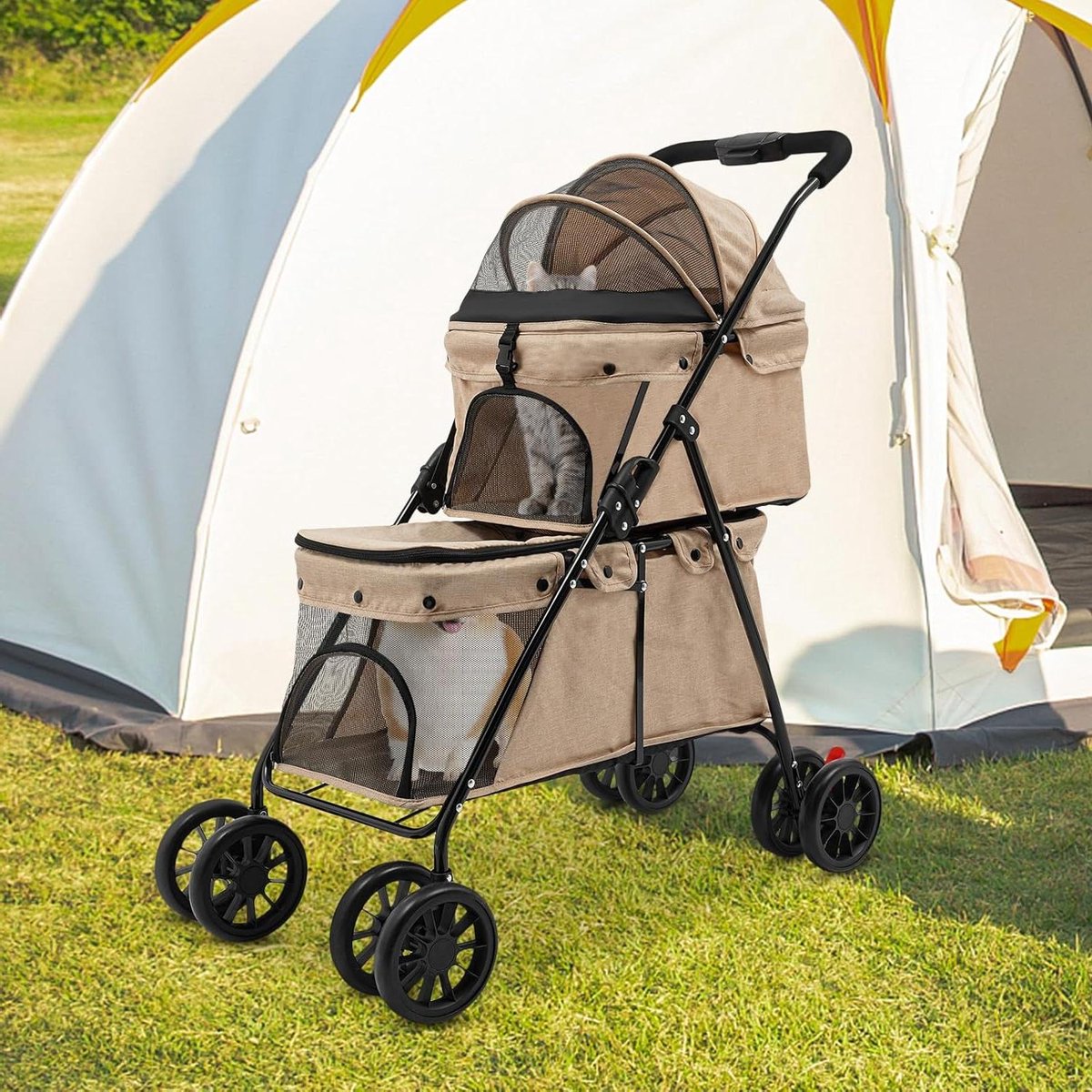 Huisdieren Wandelwagen - Dierenkar Trolley - Reizen met Dieren - Dubbele Laag - Tot 22 kg - Khaki