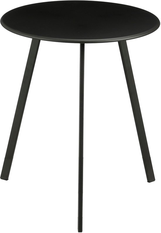 Een zwart rond bijzettafeltje met drie dunne metalen poten, geïsoleerd op een witte achtergrond.