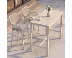 Riviera Rope Ensemble de Bar d'Extérieur Luxe 3 Pièces avec 2 Tabourets de Bar – 130 x 65 x 105 cm – Design Crème Métal & Corde Tressée – Ensemble Table de Bar de Jardin et Terrasse avec Coussins, Accoudoirs et Repose-Pieds