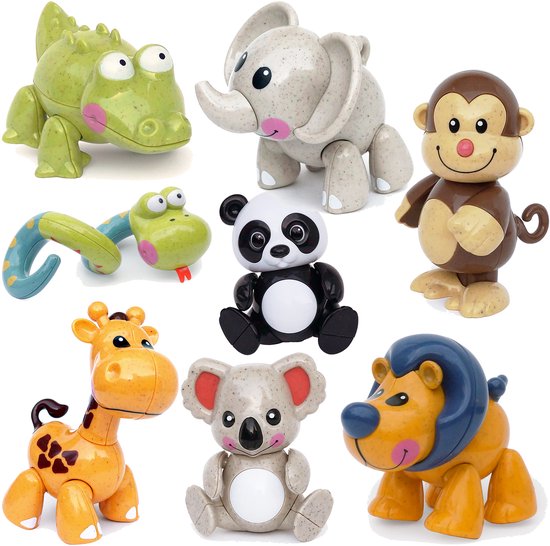 Set Tolo speelgoed dieren: krokodil, olifant, aap, slang, panda, giraf, koala en leeuw.