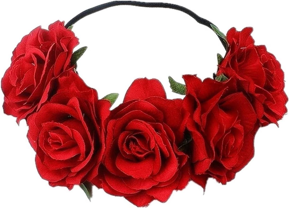 Bloemenkroon Hoofdband - Bloemen Haaraccessoire - Feestelijke Aankleding - Levensechte Kunstbloemen - 1x1x1 cm - Rood