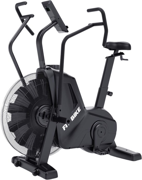 Zwarte FitBike 'The Beast' airbike met groot ventilatorwiel, display en zadel.