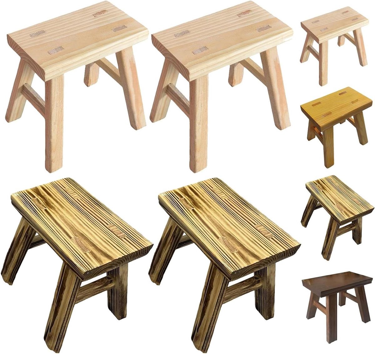Houten Krukjes Set - Voetenbankje Bijzettafel - Extra Zitplaats - Massief Hout - 4 Stuks 24cm - Natuurlijk Bruin