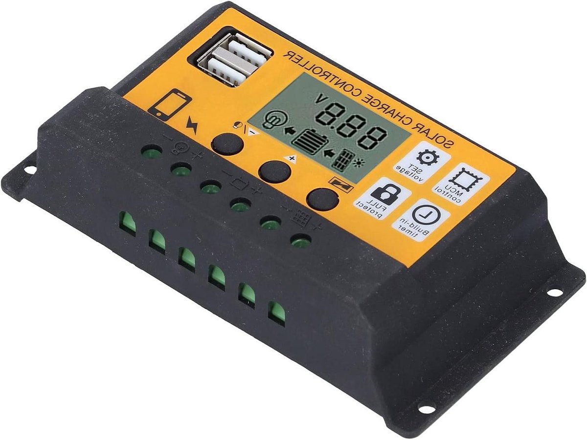 Zonnelaadregelaar - Energie Controller - Energie Opslag - Dubbele USB - 10A 12V 24V - Geel