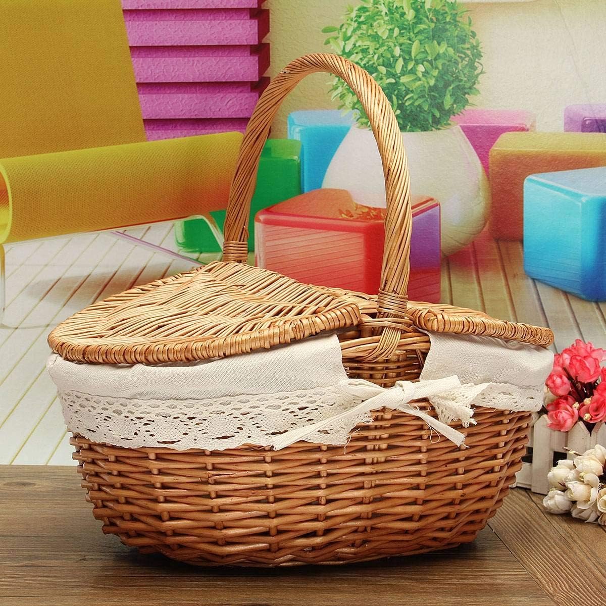 Rieten Mand - Wilgenmand Opbergmand - Boodschappen Vervoeren - Met Deksel Handvat - 39x28x40 cm - Natuurlijk