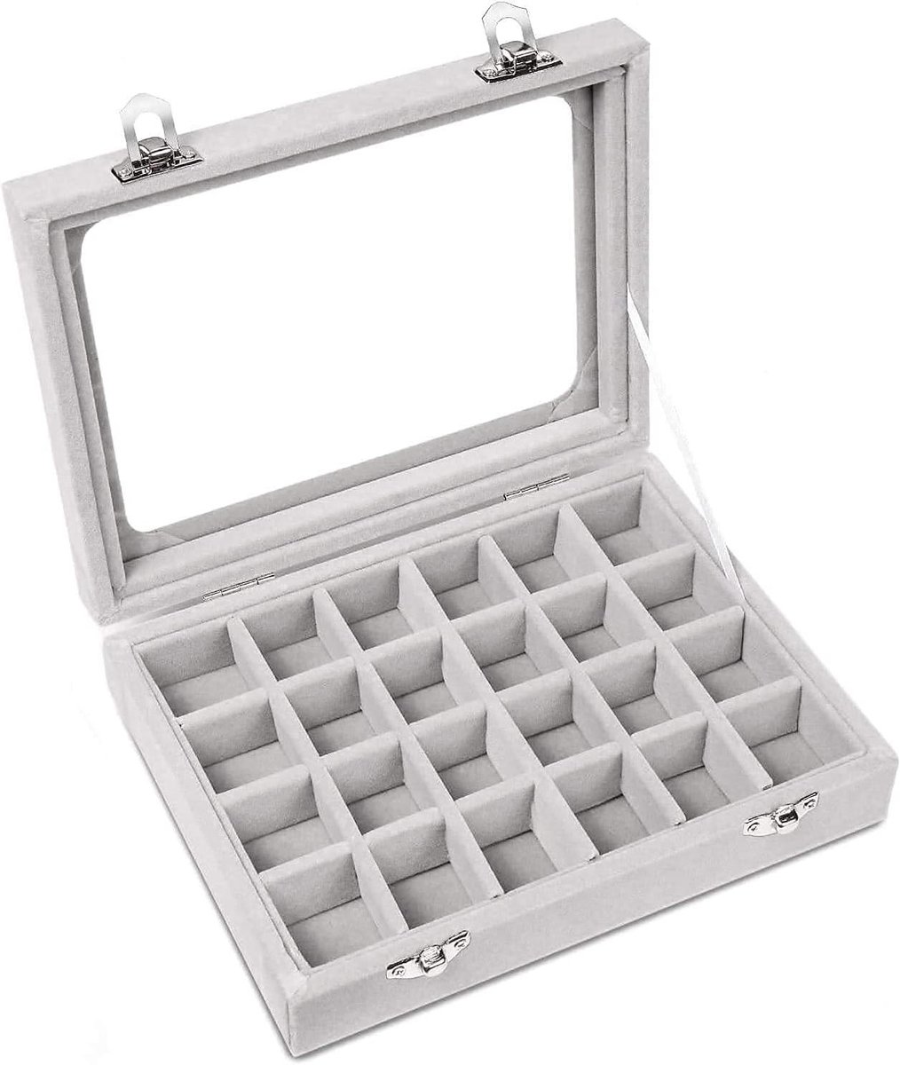 Juwelendoos - Sieraden organizer - Sieraden opbergen - 24 vakjes - 22 cm - Grijs