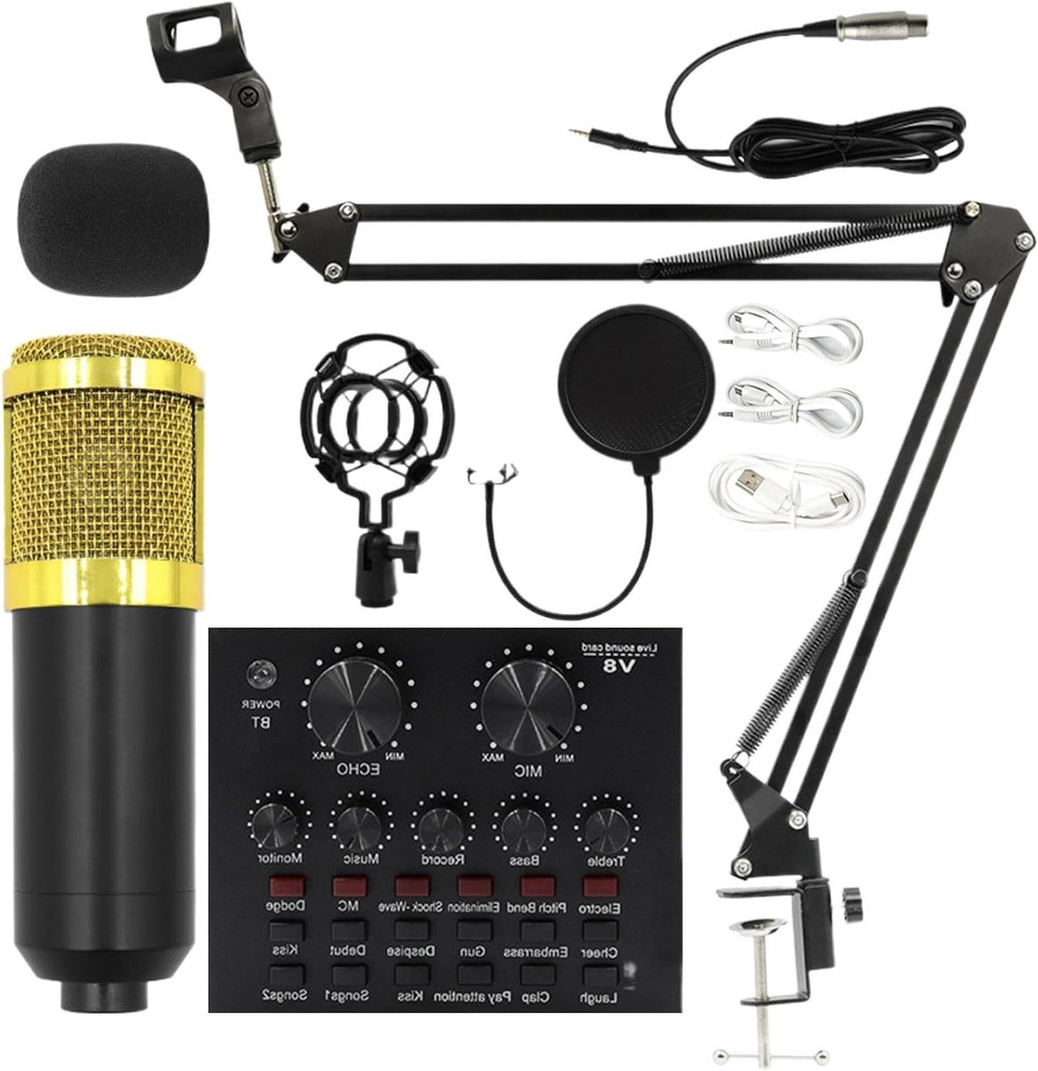 Streaming Microfoon Set - Opname Apparatuur - Live Audio - Aanpasbare Geluidskaart - 42 cm Pakket - Goud