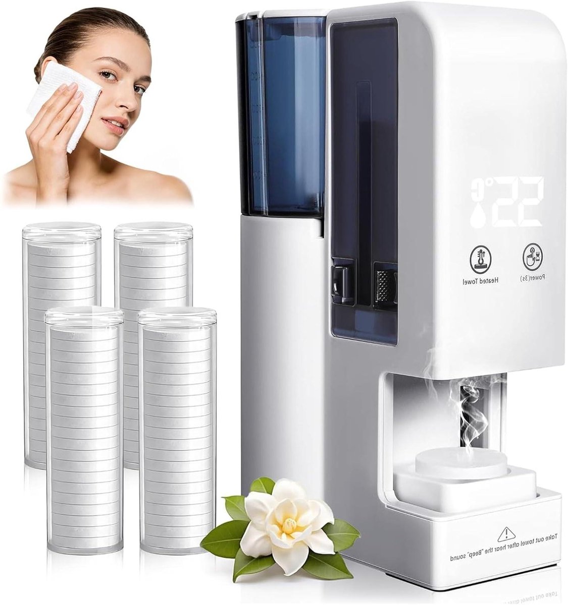 Verwarmde gezichtsdoekjesdispenser, snelle handdoekverwarmer (5 seconden) met 80 wegwerpdoekjes, automatisch verwarmen en doseren, constante temperatuur van 55 °C, voor spa, salon