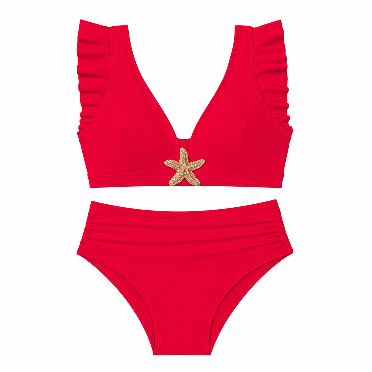 Rood bikini set dames high waist bikini zwempakset met ruches en zeester detail 2 delige strandkleding vakantie zwemkleding maat S