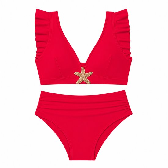 Rode bikini met ruches aan de mouwen en een zeester op de buste. High waist broekje.