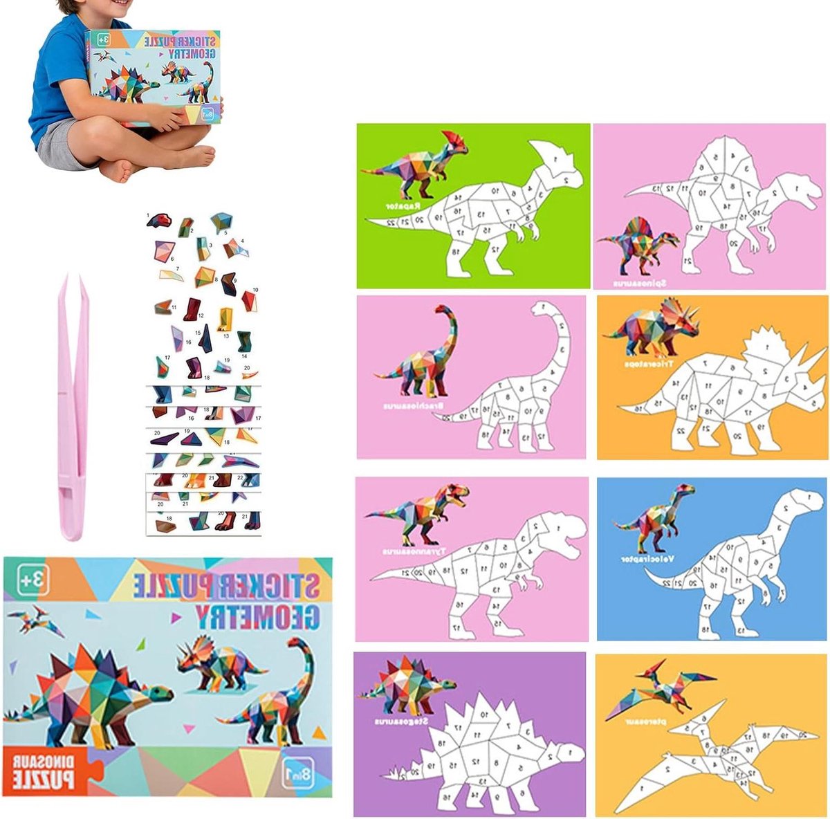 Zelfklevende Puzzelboeken - 3D Sticker Sets - Creatief Knutselen - Genummerde Combinaties - 8 Stuks - Dinosaurus Model