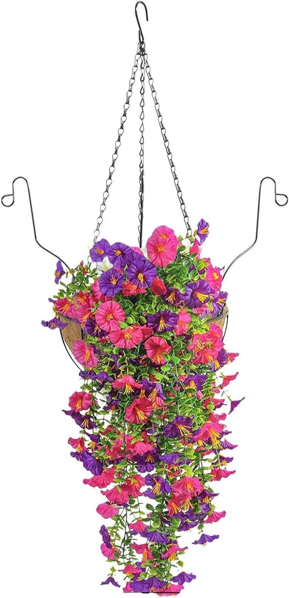 Kunstbloemenmand - Hangende bloempot - Decoratie binnen buiten - Levensechte bloemen - 23x27x23 cm - Paars rood