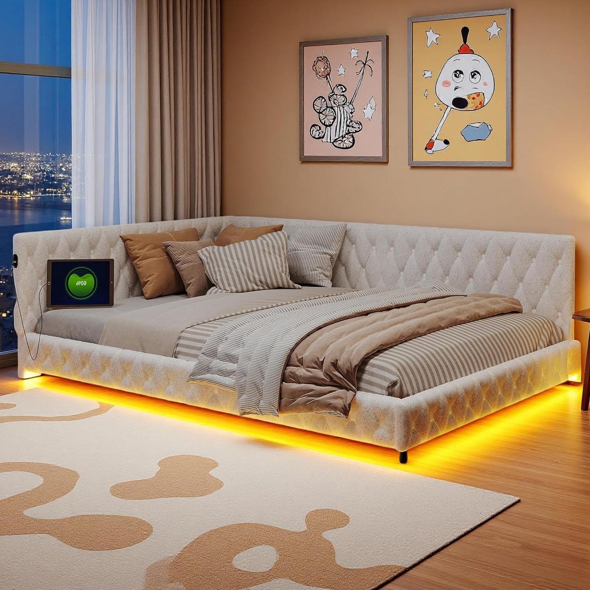 Gestoffeerd bed slaapbank 140x200 cm, tweepersoonsbed met LED-verlichting en USB-oplaadfunctie, dagbed tienerbed met hoofdeinde en lattenbodem, logeerbed, teddyfluwelen stof, beige (beige)