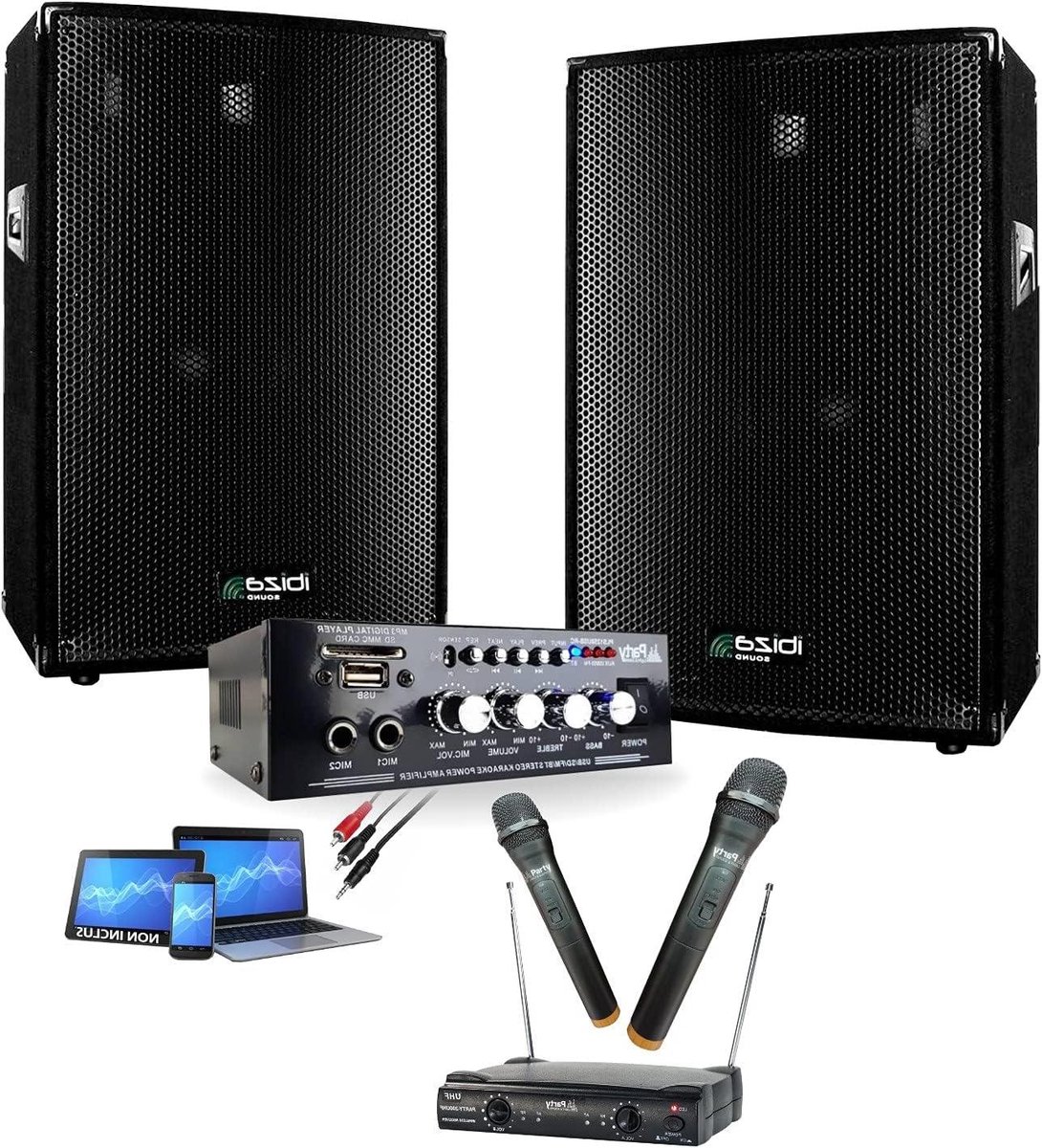 IBIZA SOUND LIGHT - Karaoke Pack Sono 600W - Dual wireless microphones - USB Bluetooth HiFi amplifier - 2 Sono speakers 300W - PC cable - DJ birthday