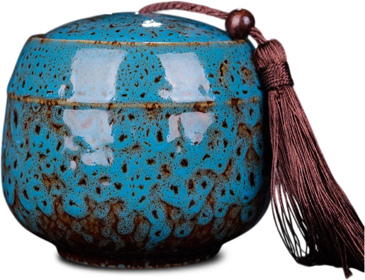 Akerz Keramische Mini Urn Blauw Gemêleerd – 500 ml – Handgemaakte Herinneringsurn – Inclusief Beschermzakje – Voor Mensenas en Dierenas
