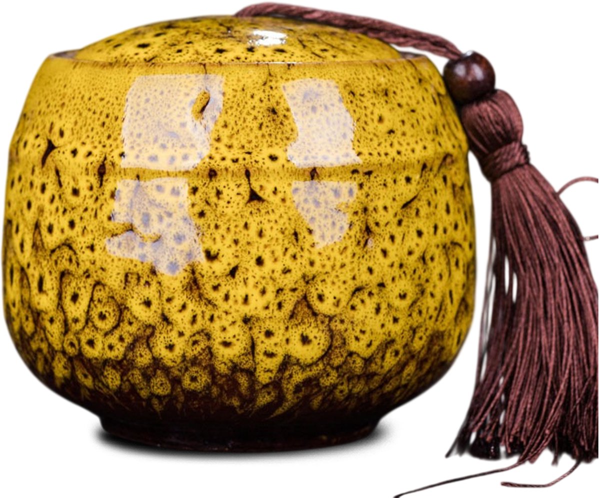 Akerz Keramische Mini Urn Geel Gemêleerd – 500 ml – Handgemaakte Herinneringsurn – Inclusief Beschermzakje – Voor Mensenas en Dierenas