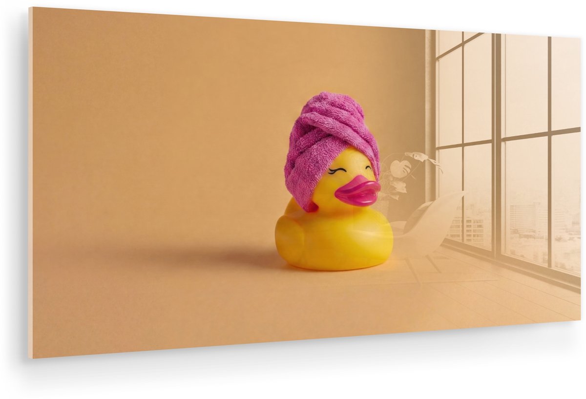 MuchoWow® Glasschilderij 160x80 cm - Schilderij acrylglas - Badeend - Handdoek - Kleurrijk
