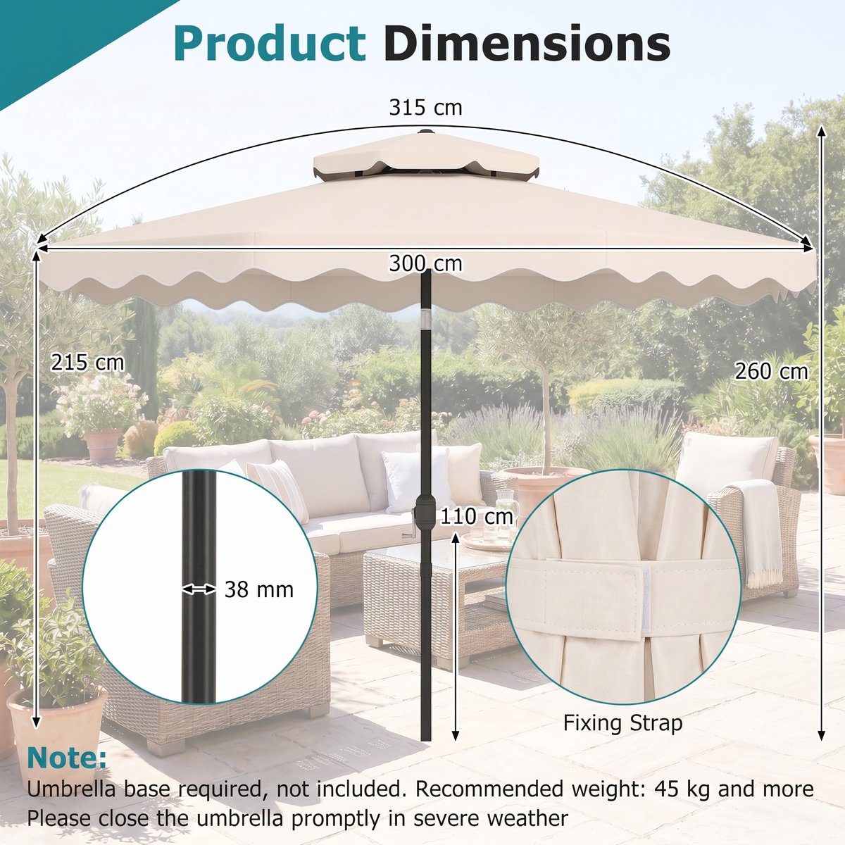 COSTWAY 300 cm parasol met dubbel doek, tuinparasol met draaihendel en volant, 30° kantelbaar aan beide zijden, terrasparasol, marktparasol voor tuin, balkon, terras (beige) – foto 4