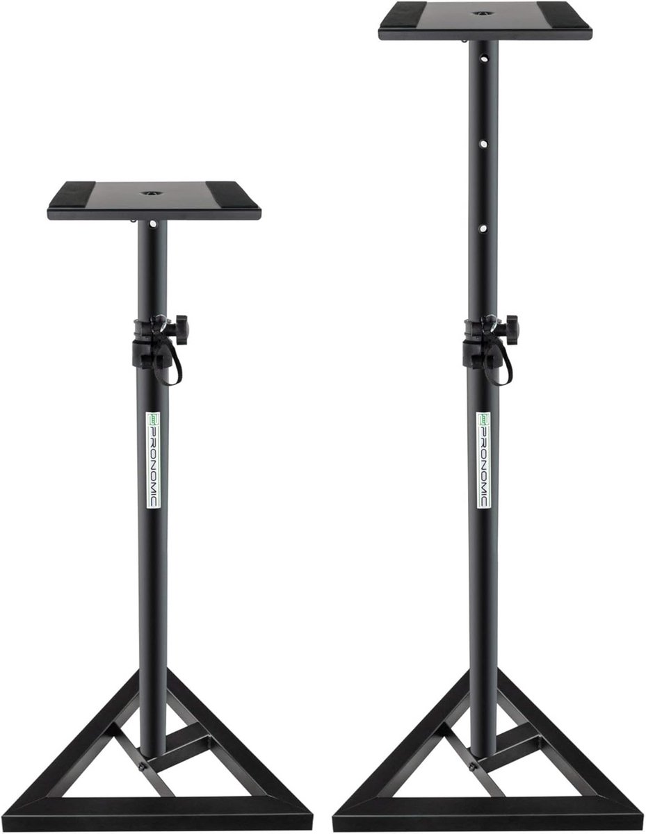 2x Pronomic SLS-10 Tripod for Studio Monitor Stand (adjustable 80cm to 130cm, triangle base, rubber feet, spikes, steel, carrier plate with rubber strips) black powder coated