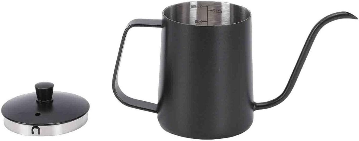 Koffiewaterkoker van roestvrij staal, 350 ml, met lange tuit, professioneel, met deksel, voor thuis, kantoor, camping, koffie, zwart