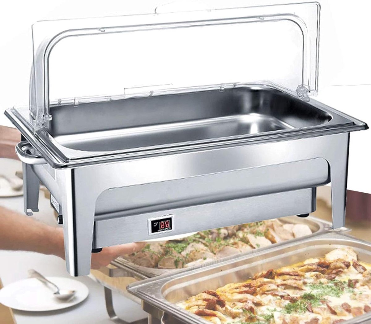 Serveervoedselwarmer - Buffet warmer - Feesten en diners - Instelbare temperatuur - 9L capaciteit - Zilver
