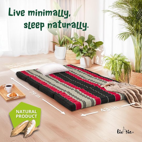 Klapmatras - Gastenmatras Plooimatras - Ontspannen Kamperen - Natuurlijke Kapokvulling - 200x110x8cm - Zwart Rood — afbeelding 5